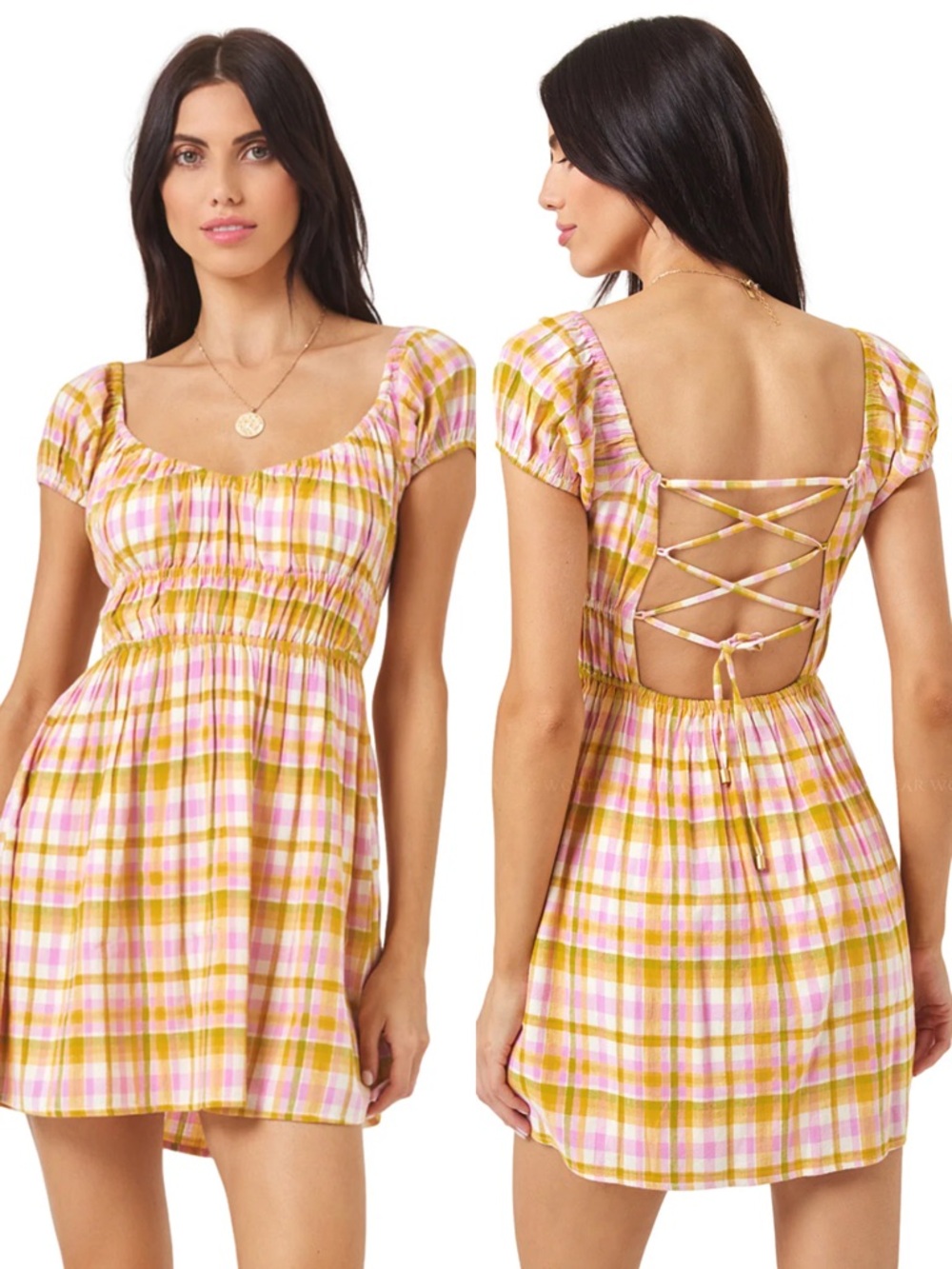 NWT L*SPACE Plaid Belle Mini Dress Size Large Open Back Lace Up Linen Blend